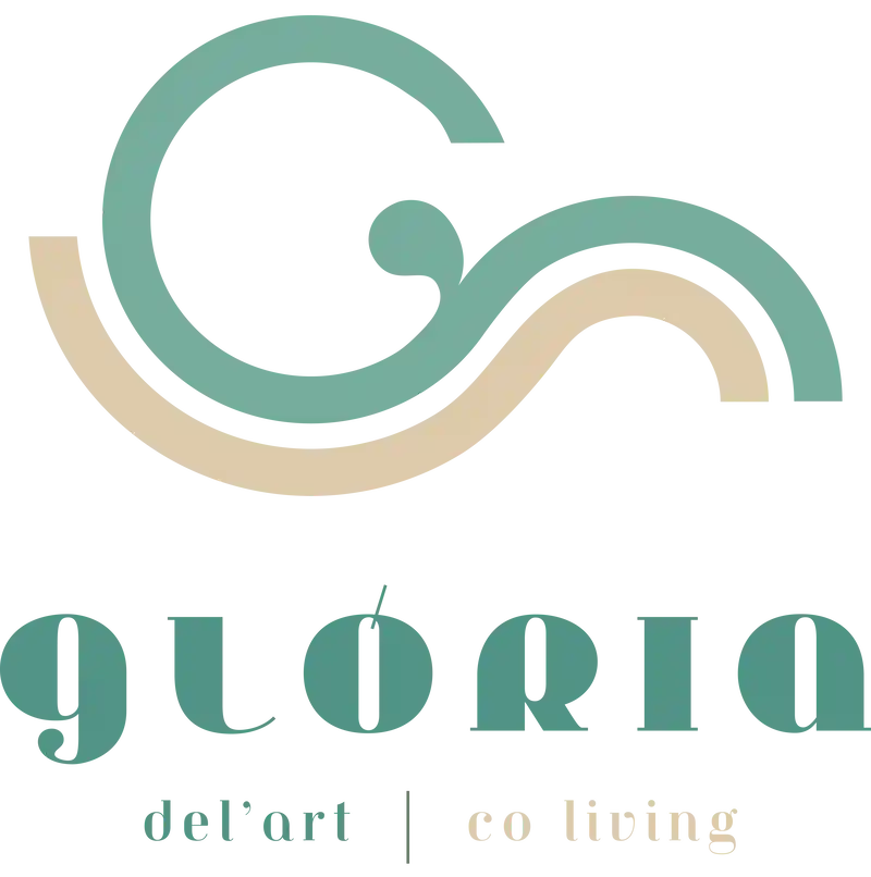 Logotipo na cor bage, com letras cursivas escrito 'Glória Del' Art''.